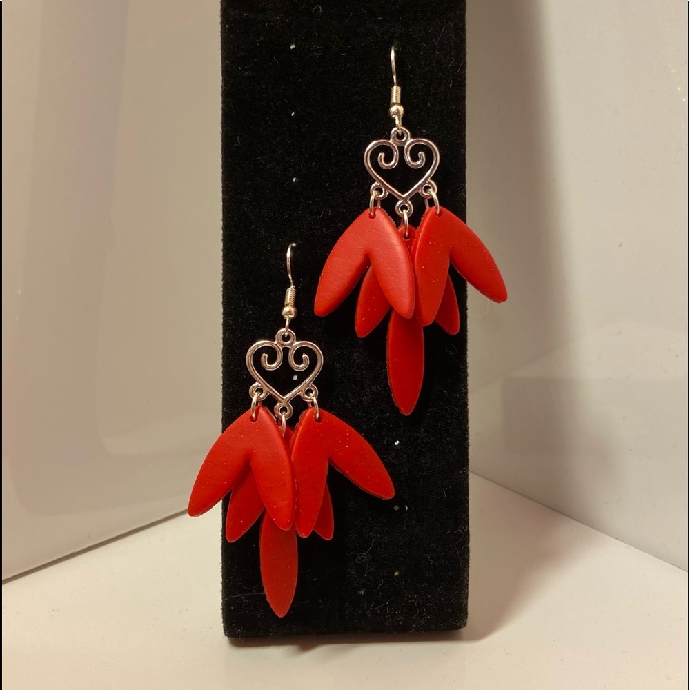 Polymer Clay Earrings - Red Dangle Earring - ROSAS - Heart shaped earring